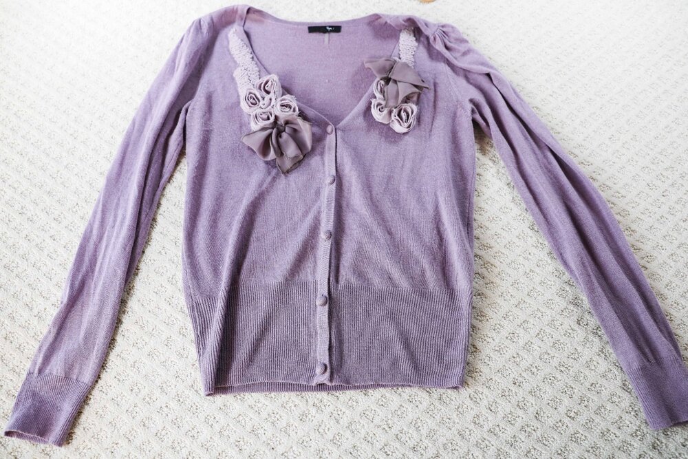RYU Cardigan Sweater Women Purple Floral Ribbon Rosette Button Knit Top Size L